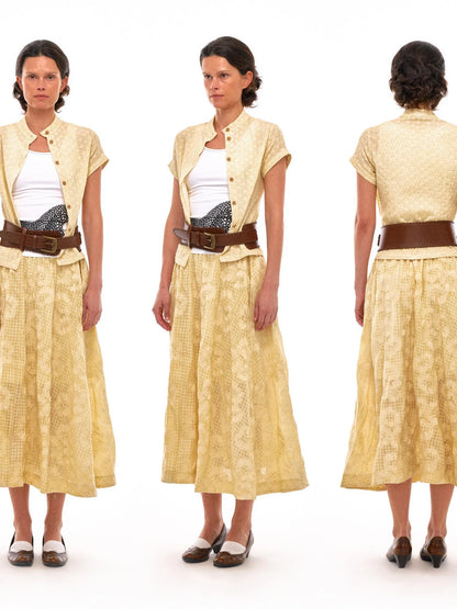 Floral Embroidered High Waist Flared Midi Skirt In Citrus Yellow