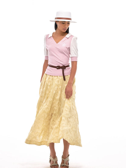 Floral Embroidered High Waist Flared Midi Skirt In Citrus Yellow