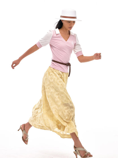 Floral Embroidered High Waist Flared Midi Skirt In Citrus Yellow