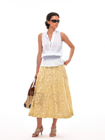 Floral Embroidered High Waist Flared Midi Skirt In Citrus Yellow