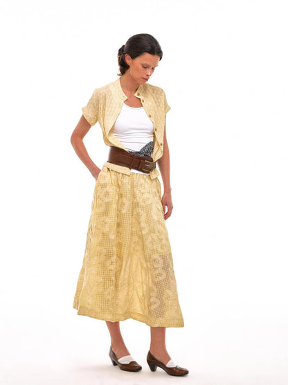 Floral Embroidered High Waist Flared Midi Skirt In Citrus Yellow