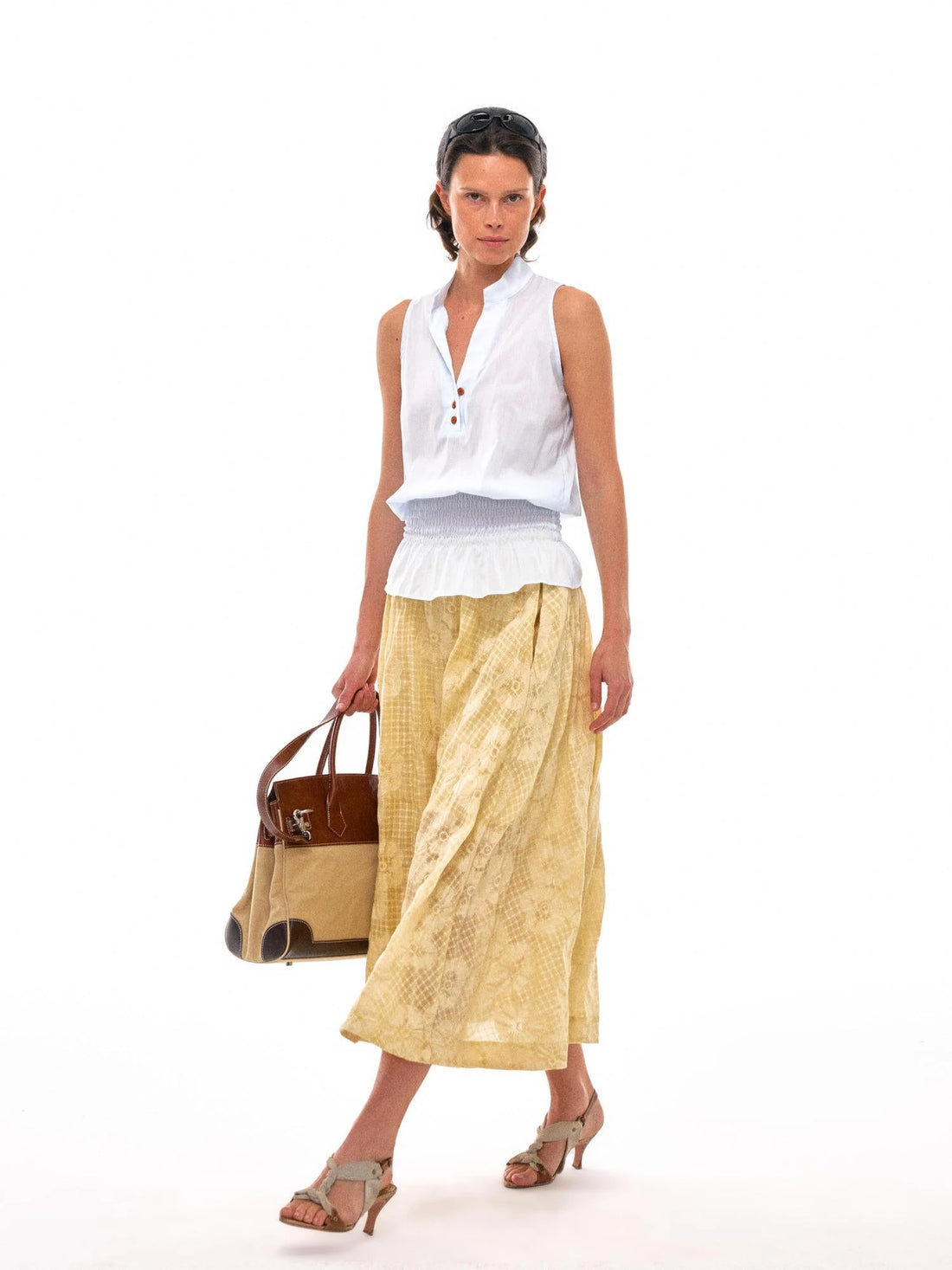 Floral Embroidered High Waist Flared Midi Skirt In Citrus Yellow