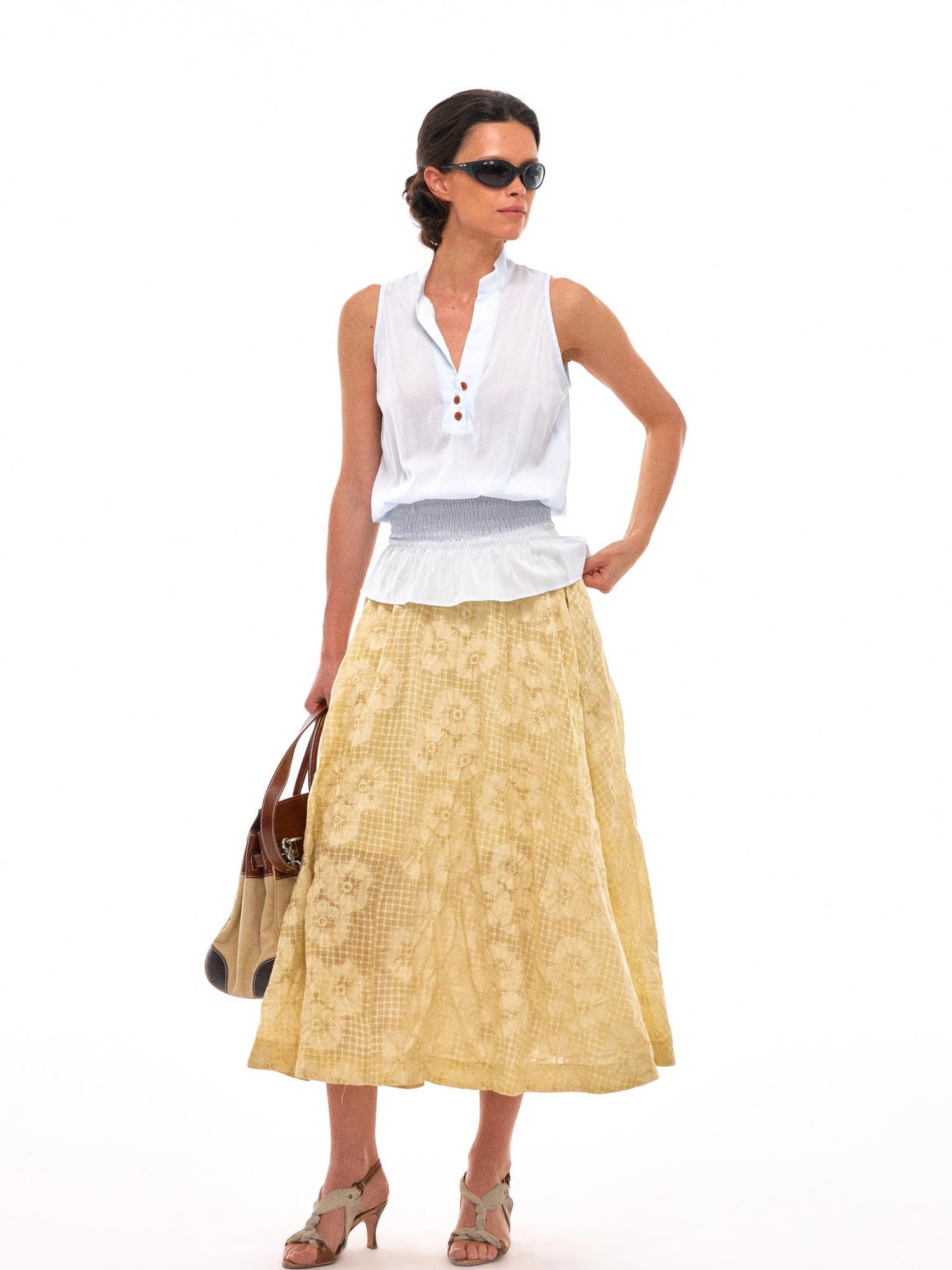 Floral Embroidered High Waist Flared Midi Skirt In Citrus Yellow