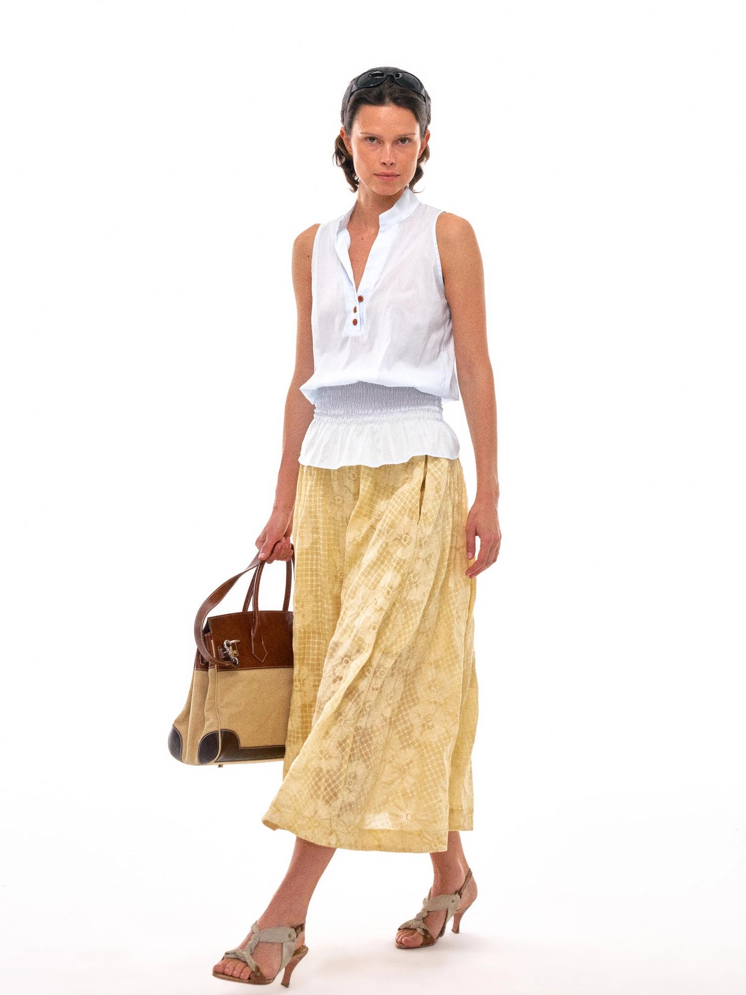 Floral Embroidered High Waist Flared Midi Skirt In Citrus Yellow