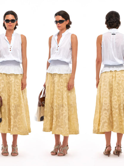 Floral Embroidered High Waist Flared Midi Skirt In Citrus Yellow