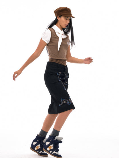 NyDkyel Floral Vine Print Midi Skirt with Hidden Button Front