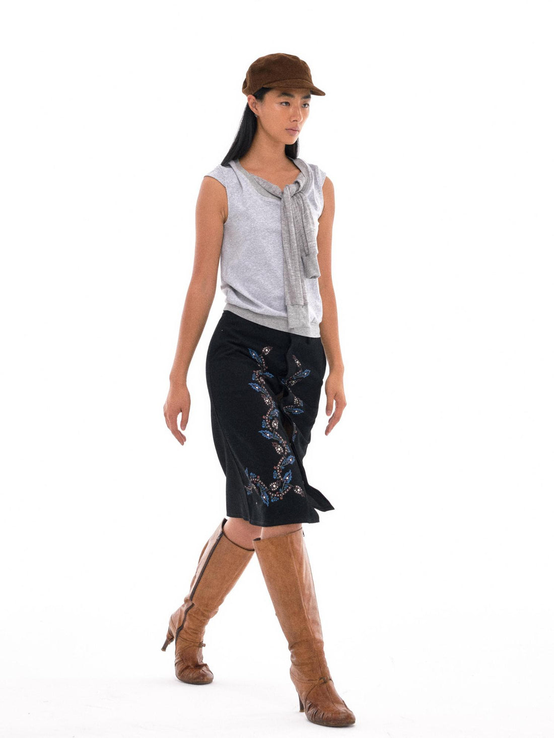 NyDkyel Floral Vine Print Midi Skirt with Hidden Button Front