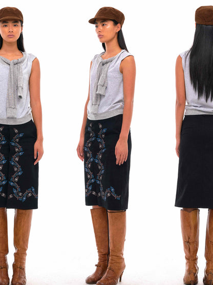 NyDkyel Floral Vine Print Midi Skirt with Hidden Button Front