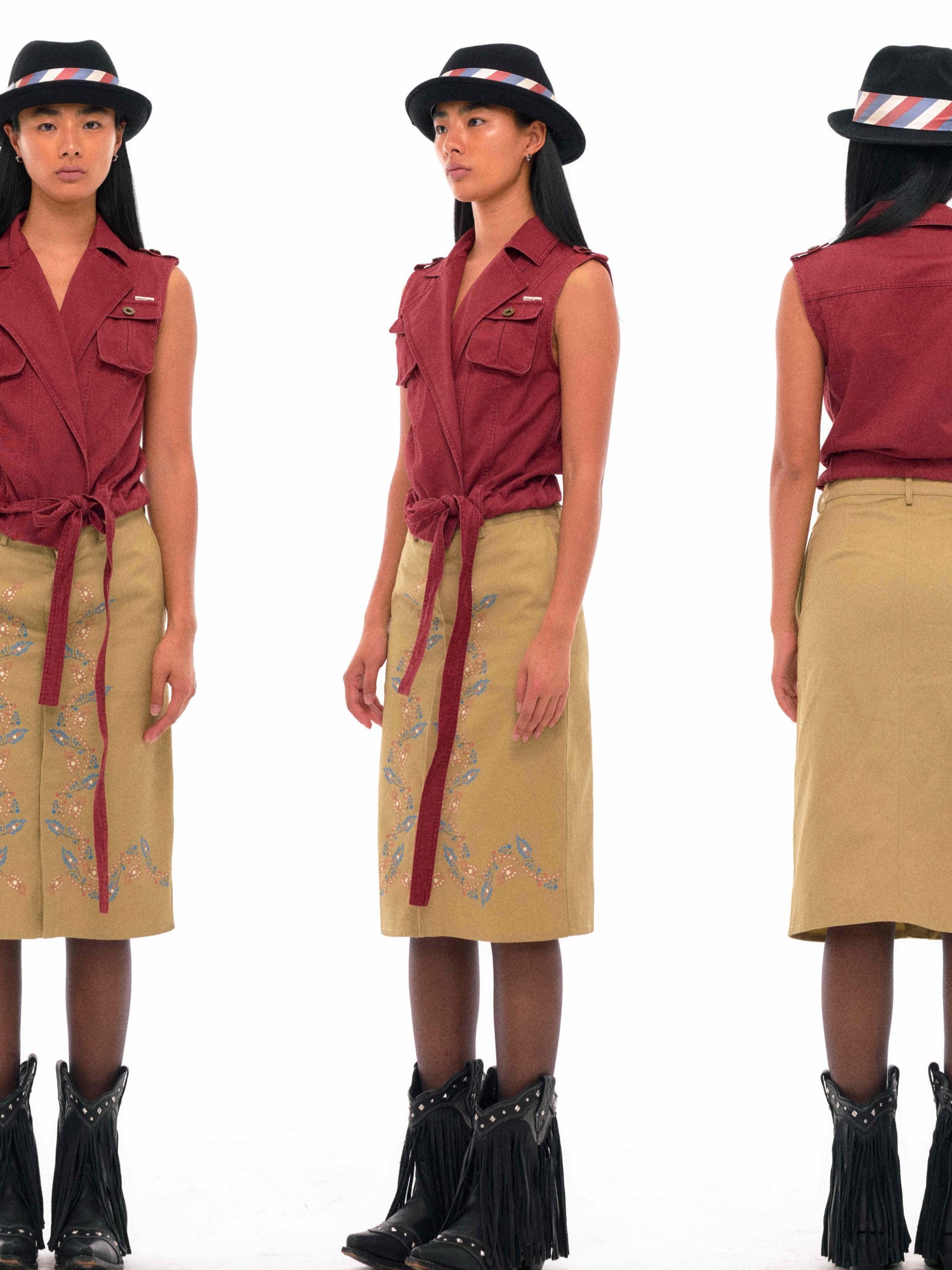 NyDkyel Floral Vine Print Midi Skirt with Hidden Button Front