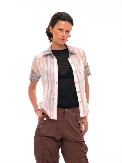 NyDkyel Geometric Color Block Striped Shirt with Asymmetric Cuffs
