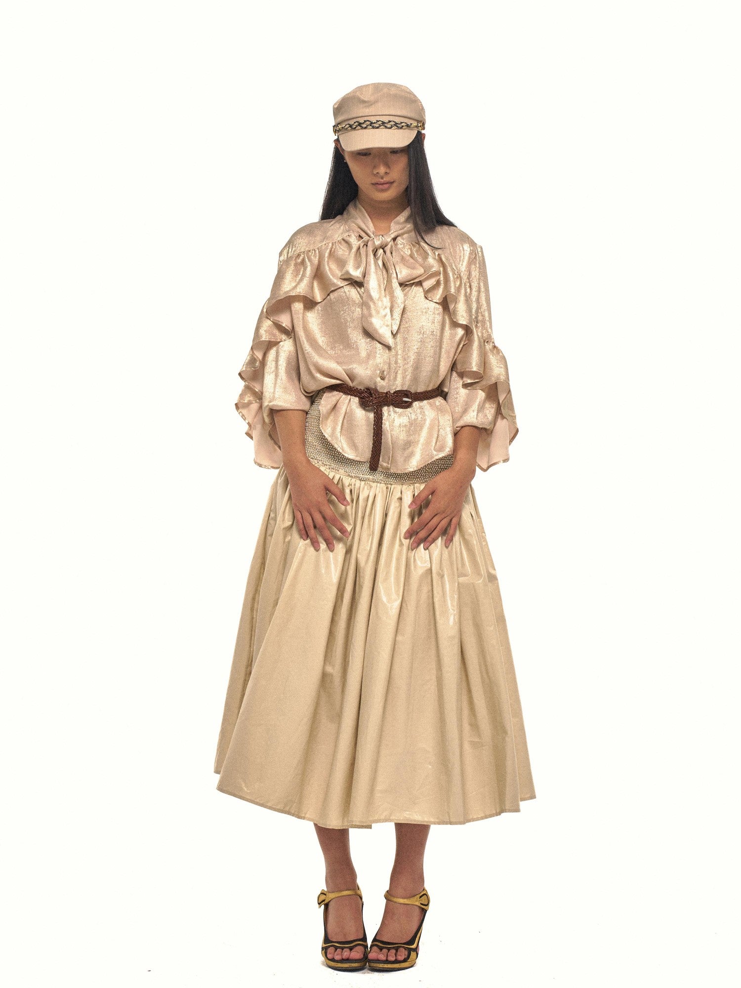 NyDkyel Glossy Faux Leather Look Beaded Wide Waistband Women&