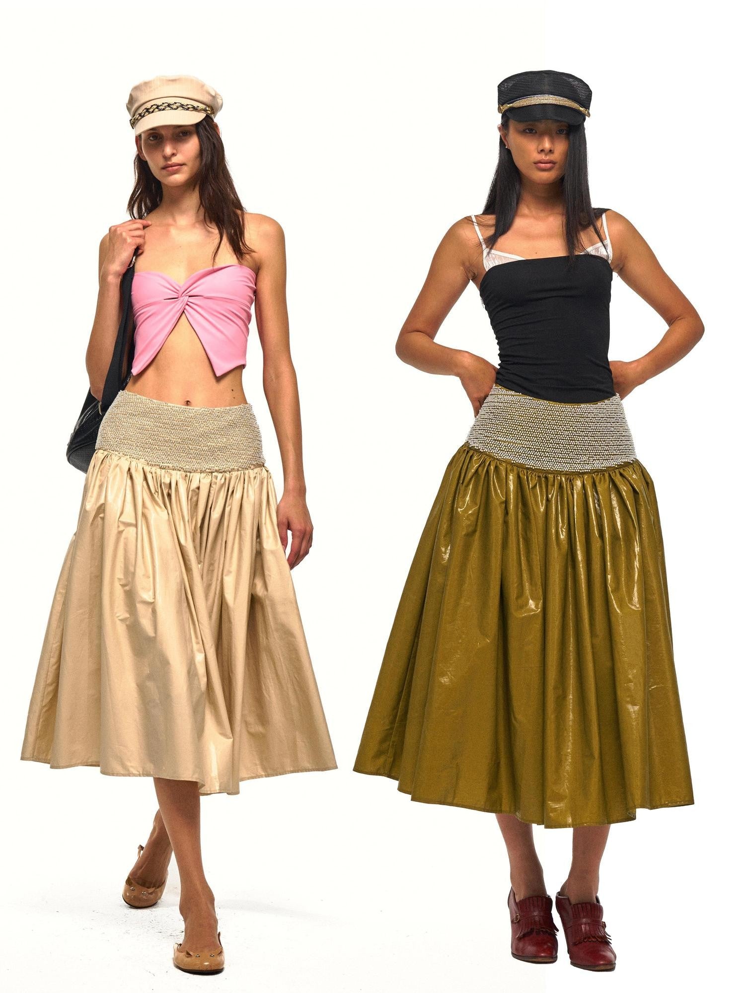 NyDkyel Glossy Faux Leather Look Beaded Wide Waistband Women&