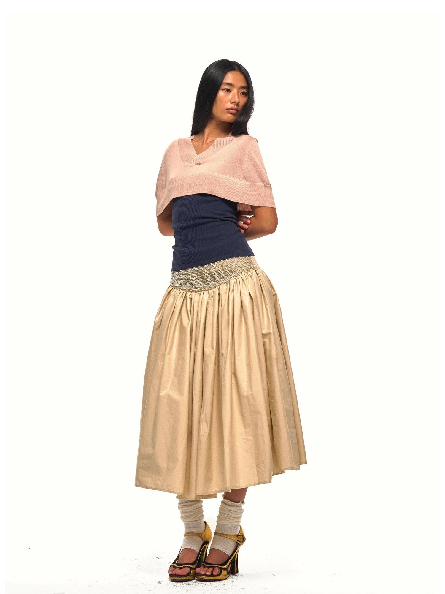 NyDkyel Glossy Faux Leather Look Beaded Wide Waistband Women&