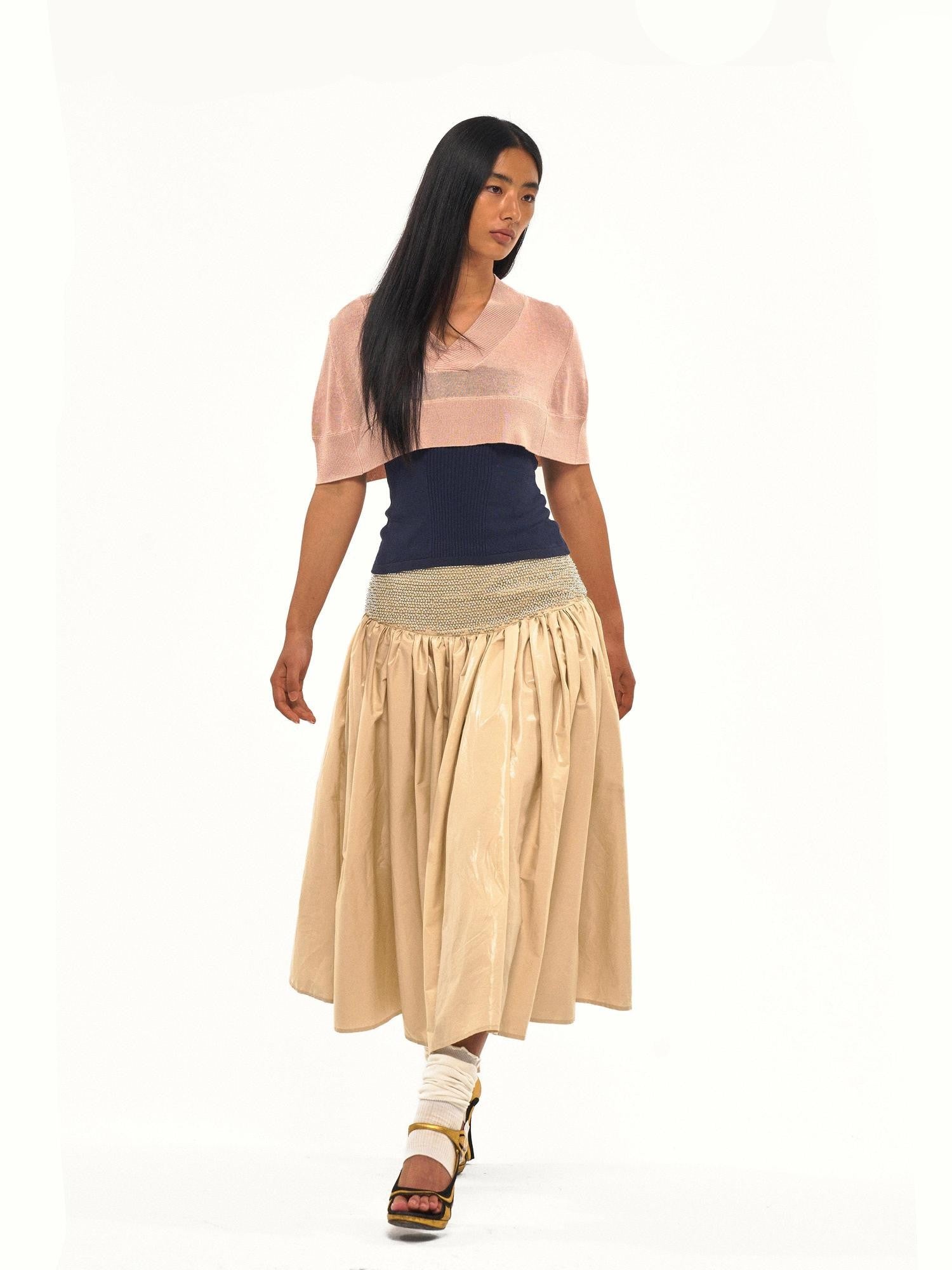 NyDkyel Glossy Faux Leather Look Beaded Wide Waistband Women&