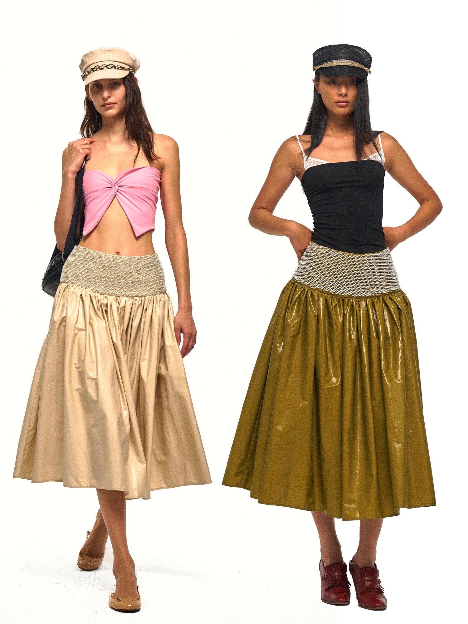 NyDkyel Glossy Faux Leather Look Beaded Wide Waistband Women&