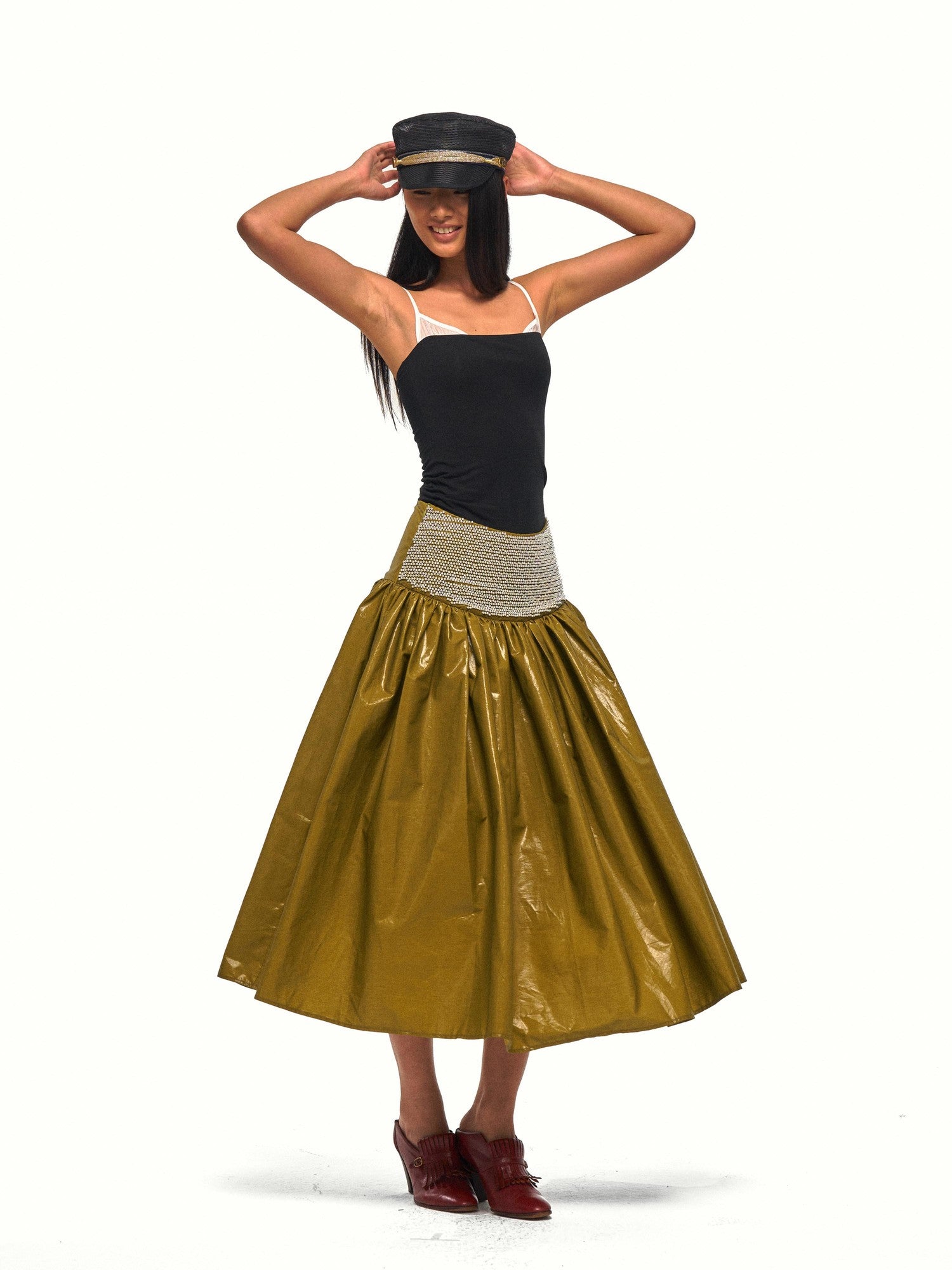 NyDkyel Glossy Faux Leather Look Beaded Wide Waistband Women&