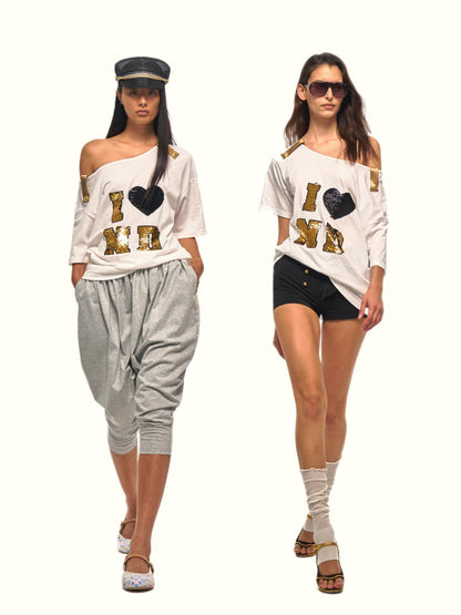 NyDkyel Gold Button Sequin Slanted Shoulder Women&