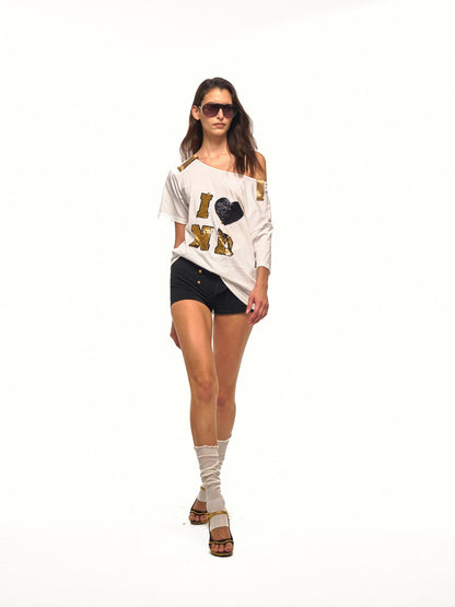 NyDkyel Gold Button Sequin Slanted Shoulder Women&