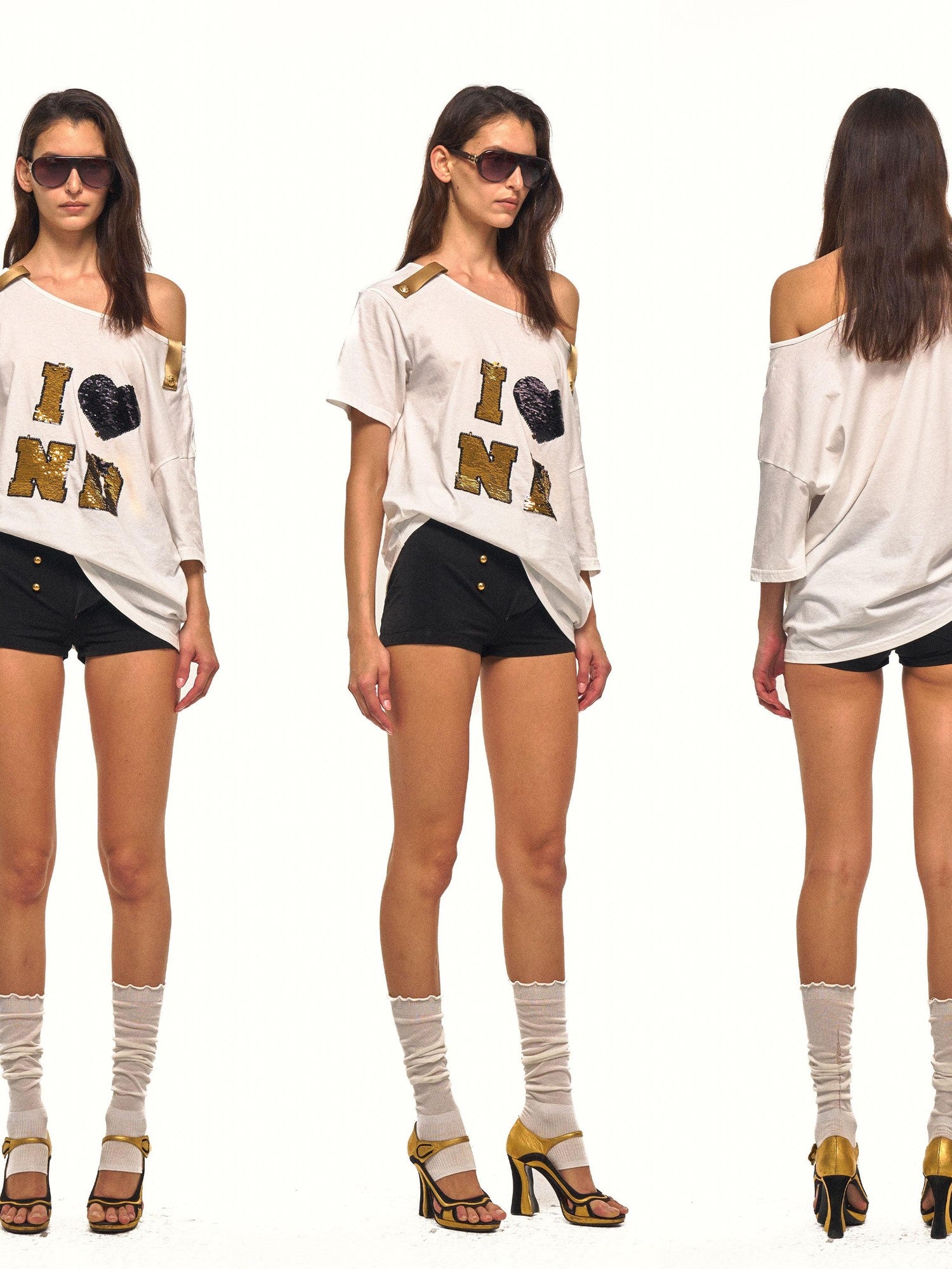 NyDkyel Gold Button Sequin Slanted Shoulder Women&