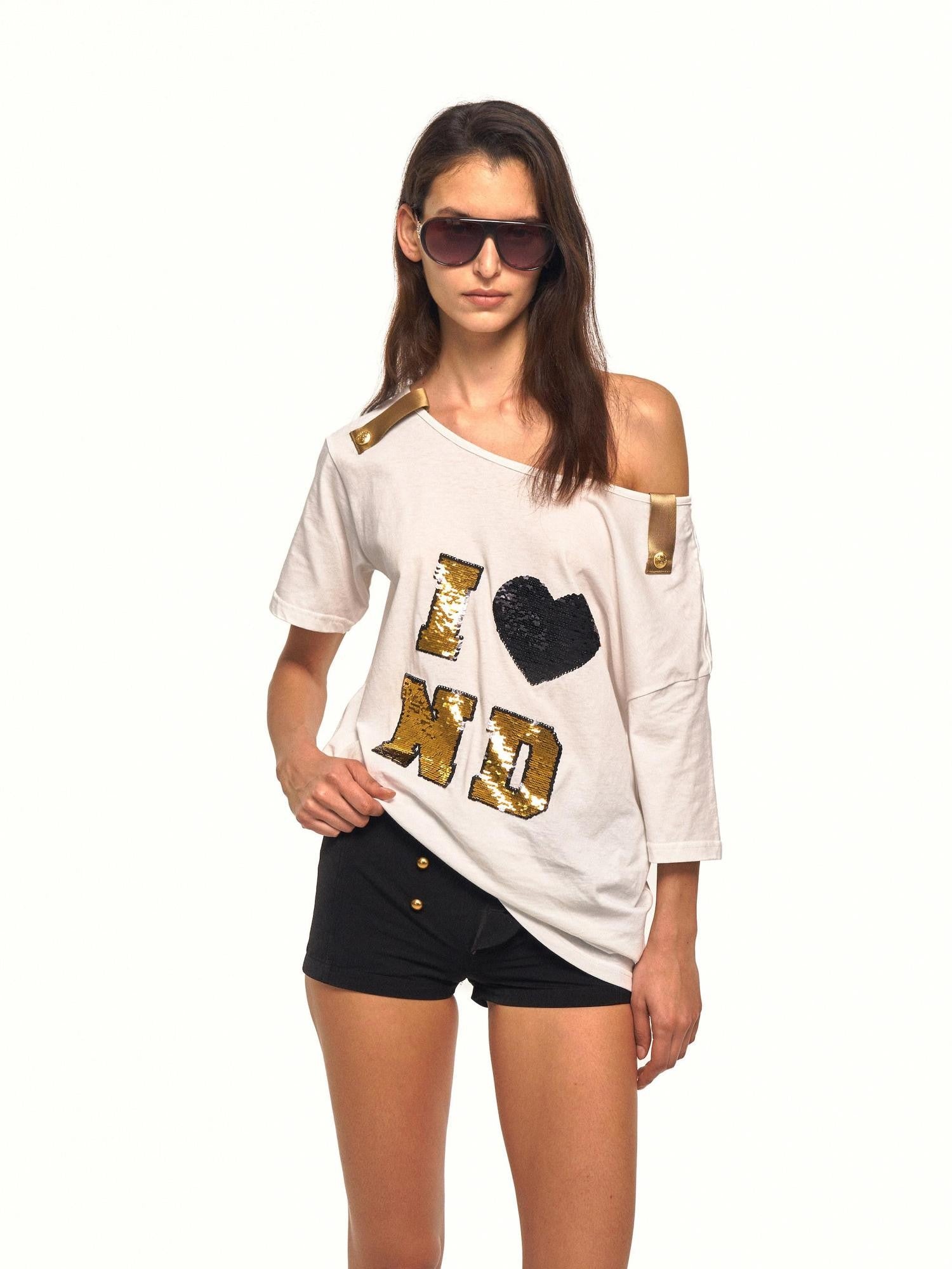 NyDkyel Gold Button Sequin Slanted Shoulder Women&