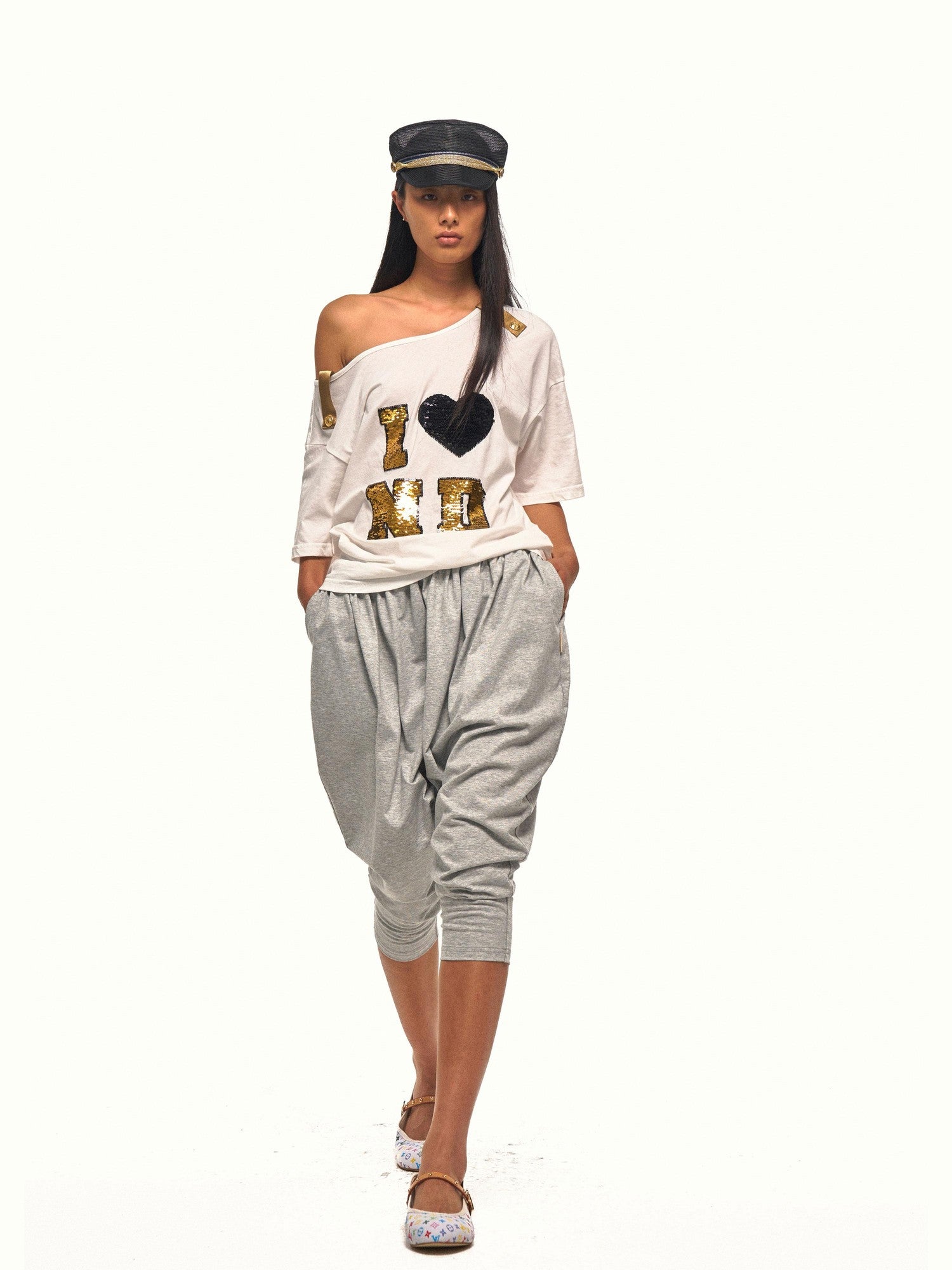 NyDkyel Gold Button Sequin Slanted Shoulder Women&