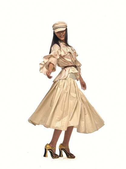 NyDkyel Gold Sheen Regal Ruffle Tie Neck Lantern Sleeve Women&