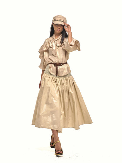 NyDkyel Gold Sheen Regal Ruffle Tie Neck Lantern Sleeve Women&