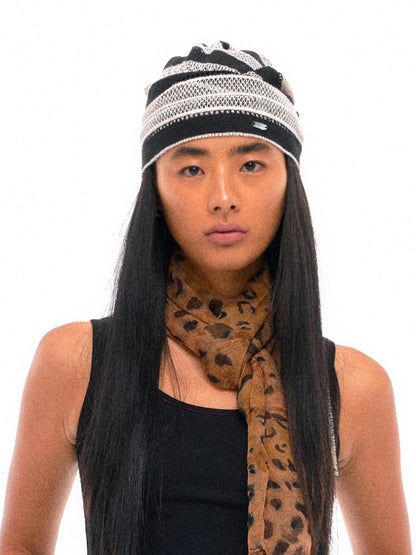 Gray Stripe Knit Jacquard Nepal Style Headscarf Cap