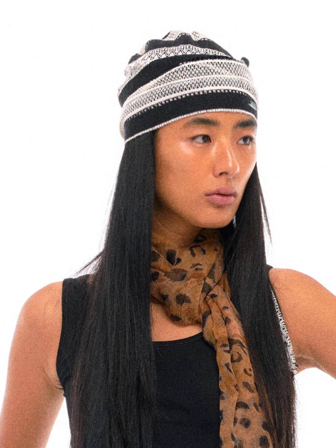 Gray Stripe Knit Jacquard Nepal Style Headscarf Cap