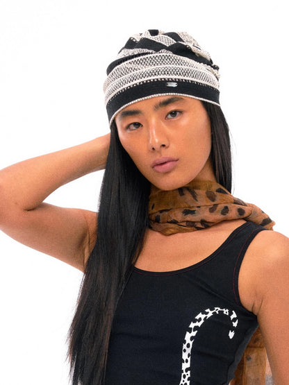 Gray Stripe Knit Jacquard Nepal Style Headscarf Cap