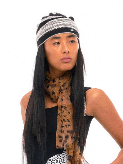 Gray Stripe Knit Jacquard Nepal Style Headscarf Cap