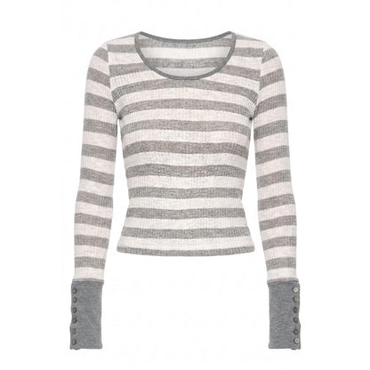 NyDkyel_Grey_White_Striped_Cuff_Badge_Back_Button_Women&