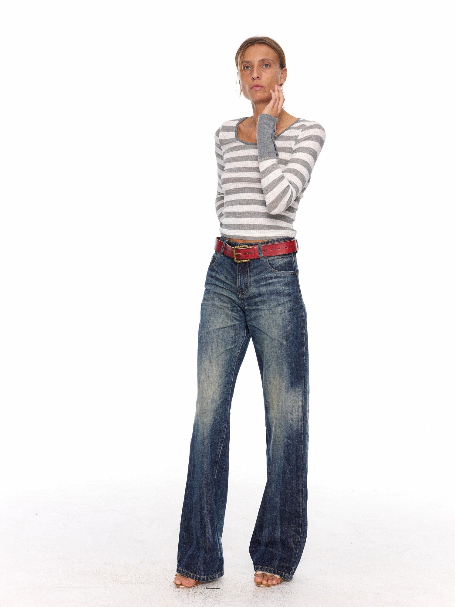 NyDkyel Grey White Striped Cuff Badge Back Button Women&