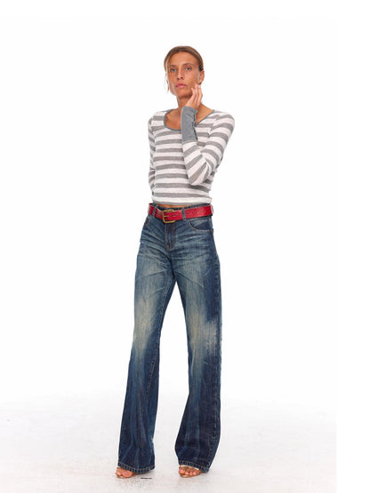 NyDkyel Grey White Striped Cuff Badge Back Button Women&