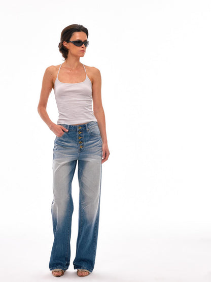 NyDkyel High Waist Pleated Washed Wide Leg Relaxed Fit Light Denim Womens Jeans