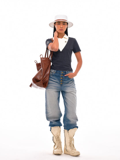 NyDkyel High Waist Pleated Washed Wide Leg Relaxed Fit Light Denim Womens Jeans