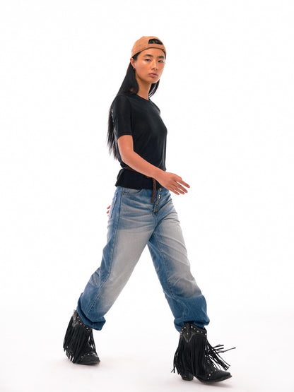 NyDkyel High Waist Pleated Washed Wide Leg Relaxed Fit Light Denim Womens Jeans