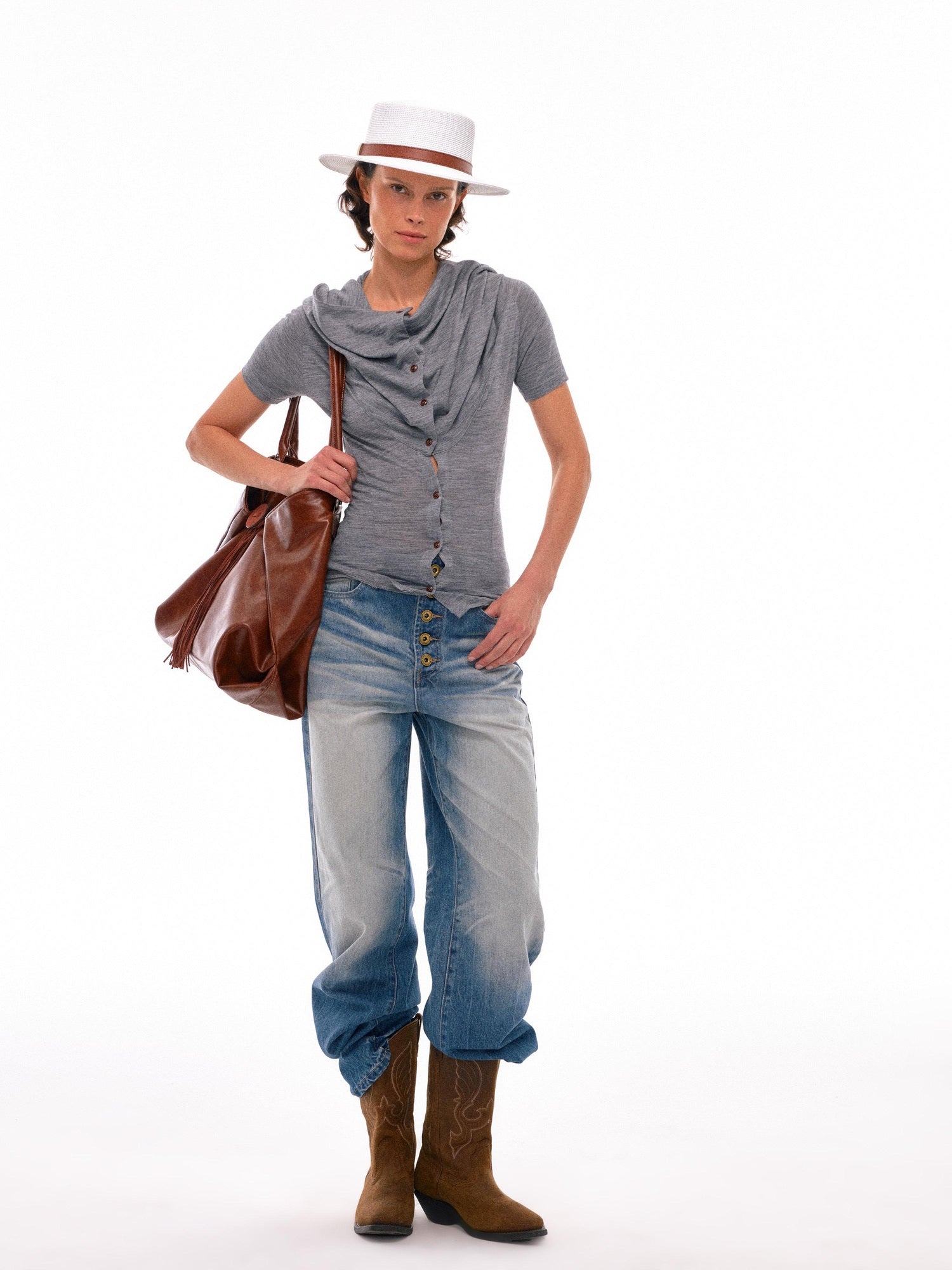 NyDkyel High Waist Pleated Washed Wide Leg Relaxed Fit Light Denim Womens Jeans