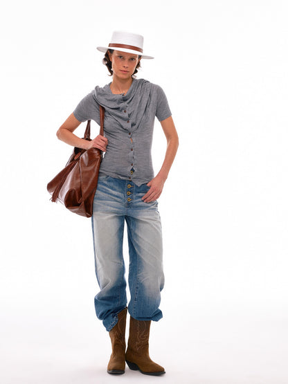 NyDkyel High Waist Pleated Washed Wide Leg Relaxed Fit Light Denim Womens Jeans