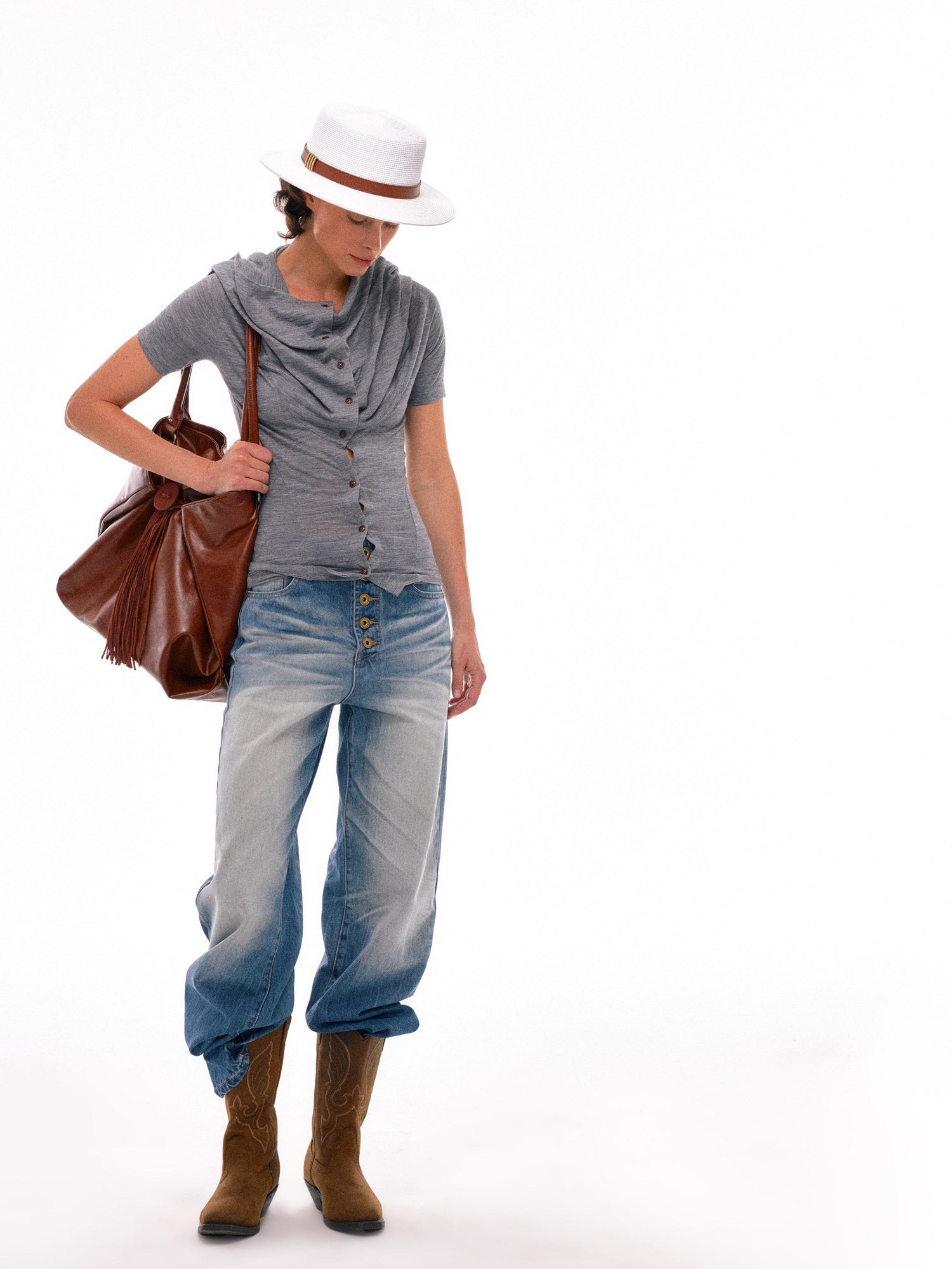 NyDkyel High Waist Pleated Washed Wide Leg Relaxed Fit Light Denim Womens Jeans