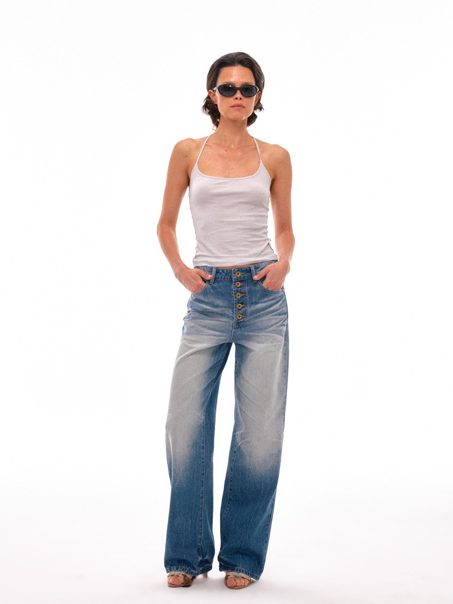 NyDkyel High Waist Pleated Washed Wide Leg Relaxed Fit Light Denim Womens Jeans