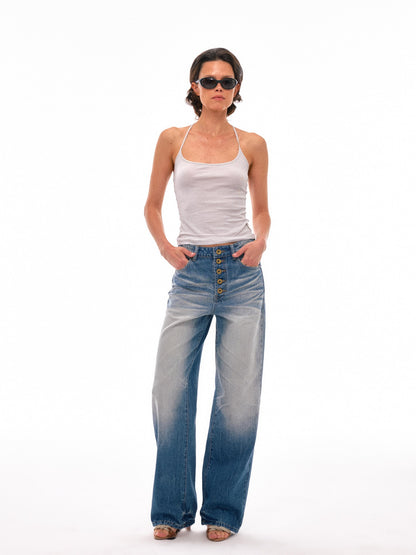 NyDkyel High Waist Pleated Washed Wide Leg Relaxed Fit Light Denim Womens Jeans