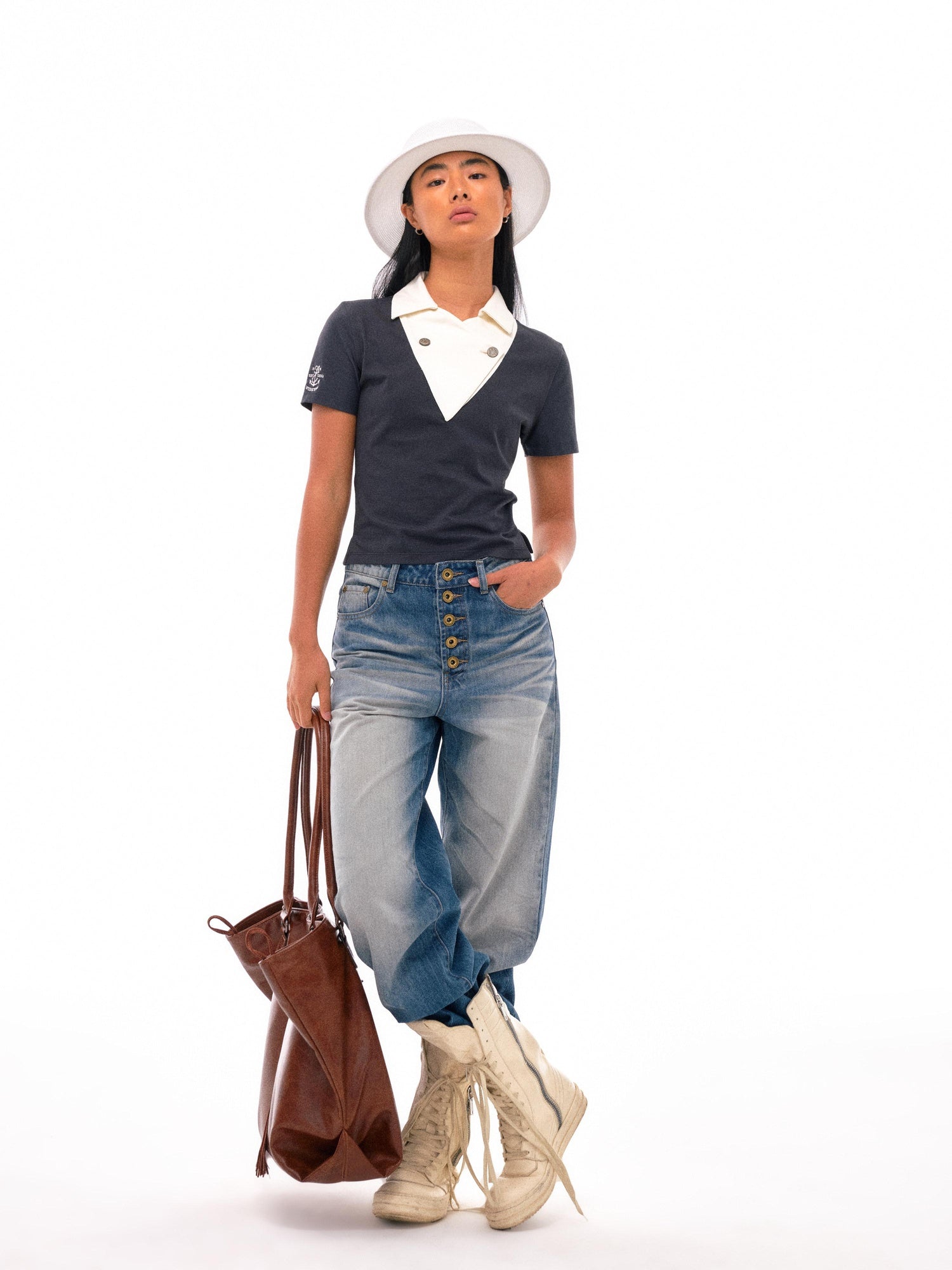 NyDkyel High Waist Pleated Washed Wide Leg Relaxed Fit Light Denim Womens Jeans