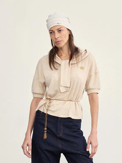 Hooded Tie Neck Button Detail Drop Shoulder Short Sleeve Tee
