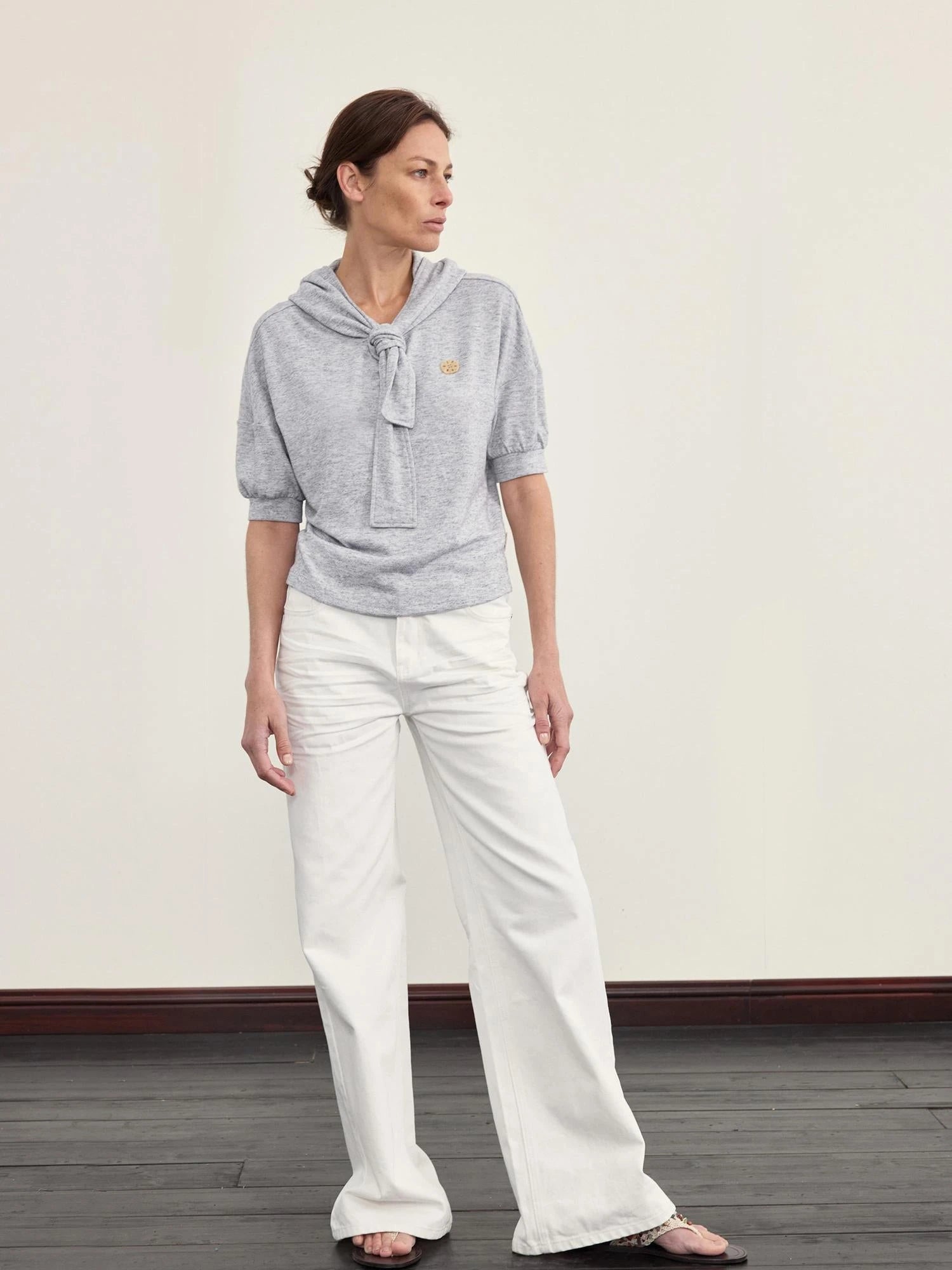 Hooded Tie Neck Button Detail Drop Shoulder Short Sleeve Tee