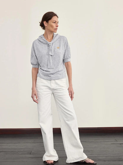 Hooded Tie Neck Button Detail Drop Shoulder Short Sleeve Tee