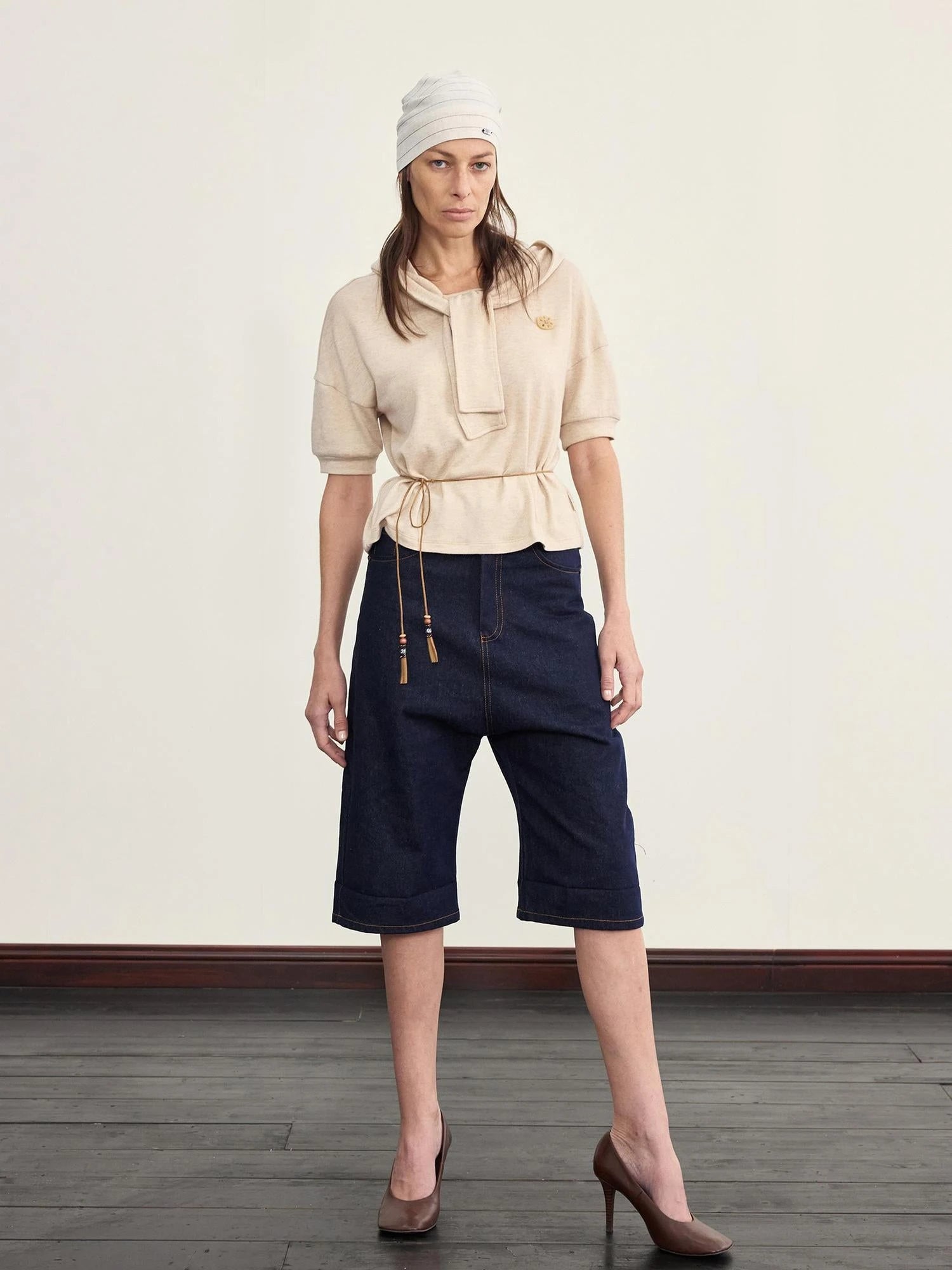 Hooded Tie Neck Button Detail Drop Shoulder Short Sleeve Tee