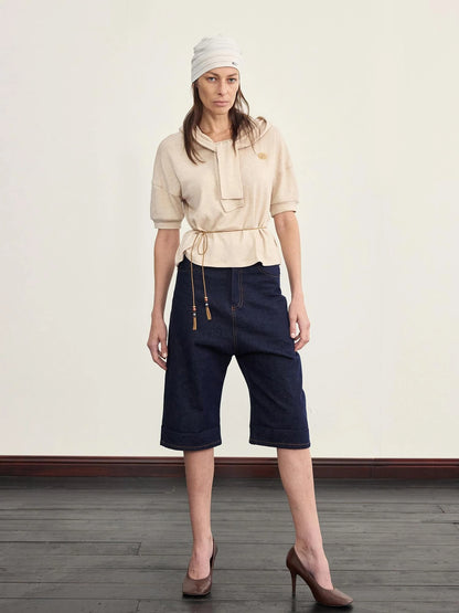 Hooded Tie Neck Button Detail Drop Shoulder Short Sleeve Tee