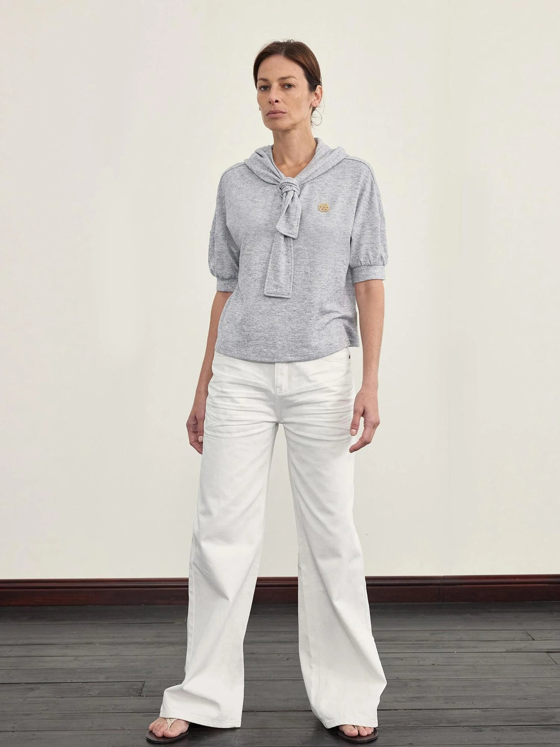 Hooded Tie Neck Button Detail Drop Shoulder Short Sleeve Tee