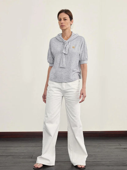 Hooded Tie Neck Button Detail Drop Shoulder Short Sleeve Tee
